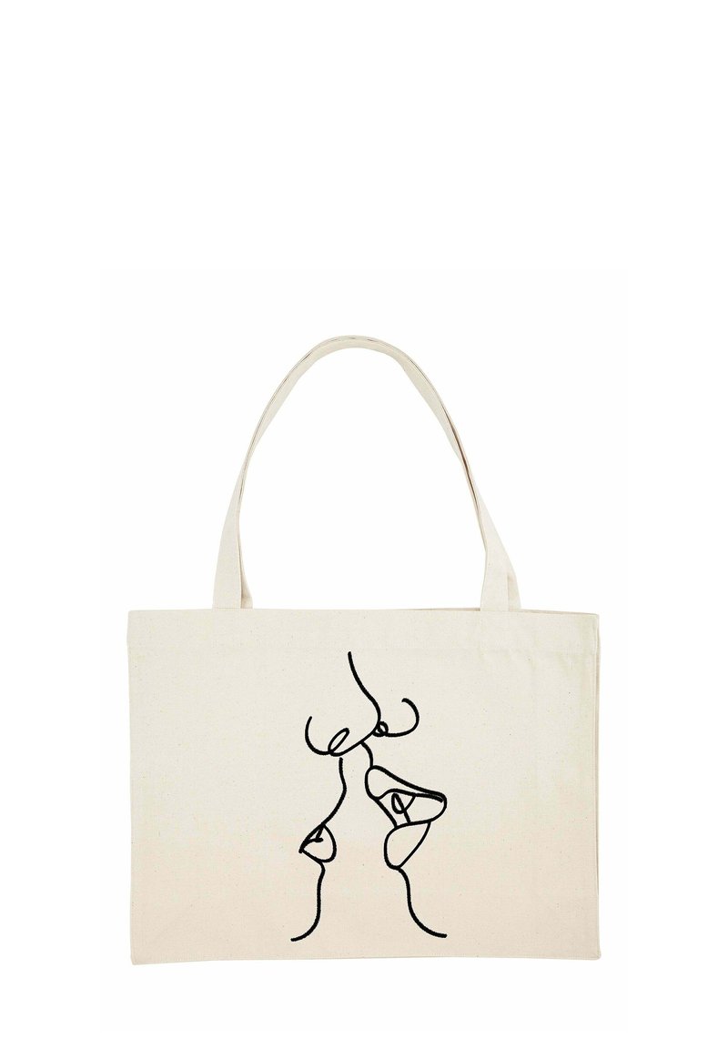 Borsa tote beige con un design minimalista in arte lineare nera che raffigura due volti astratti che si toccano con i nasi.