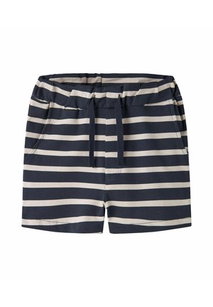 Marineblauwe en beige horizontaal gestreepte korte broek met elastische tailleband, koordje en zijzakken, platliggend op een witte achtergrond.