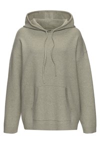 Grau Pullover-Hoodie aus weichem Stoff, ausgestattet mit einer Kapuze, Kordeln, einer Fronttasche sowie gerippten Bündchen und Saum.