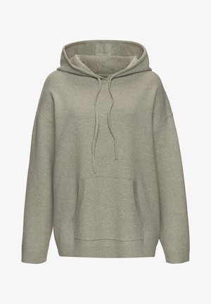 Gray pullover hoodie made of soft fabric, featuring a hood, drawstrings, front pocket, and ribbed cuffs and hem.