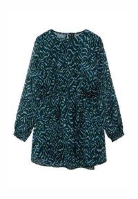 Vestido de manga larga con un patrón abstracto en verde y azul, cintura ajustada y puños elásticos. Fabricado en tejido ligero y texturizado.