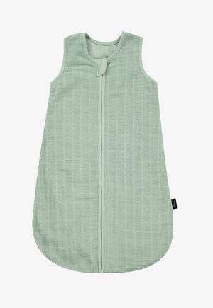 Light green sleep sack made of textured fabric, sleeveless design, with a front zipper and rounded bottom. Patterns include a grid texture.