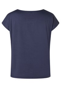 Navy blue short-sleeve top, smooth texture, rounded neckline, loose fit, and straight hem. No visible patterns or hardware details.