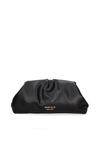 Borsa a pochette in pelle nera con design arricciato, dotata di un logo dorato "MARC ELLIS NEW YORK" sul fronte. Texture liscia, forma minimale.