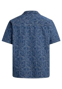 Short-sleeve, blue shirt featuring a textured, woven pattern. Button-down collar, solid back, and relaxed fit design.