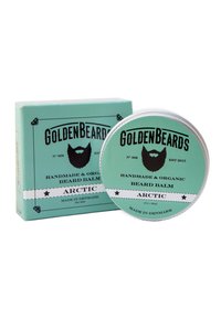 Rundes silbernes Blechdöschen mit Arctic-Bartbalsam, versehen mit einem mintfarbigen Etikett mit schwarzem Text, verpackt in einer passenden mintfarbenen Schachtel. Hergestellt in Dänemark.