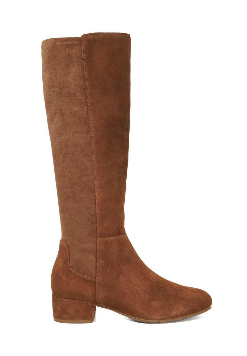 Brown suede knee-high boot with a block heel. Features smooth texture and minimal stitching detailing on the side.