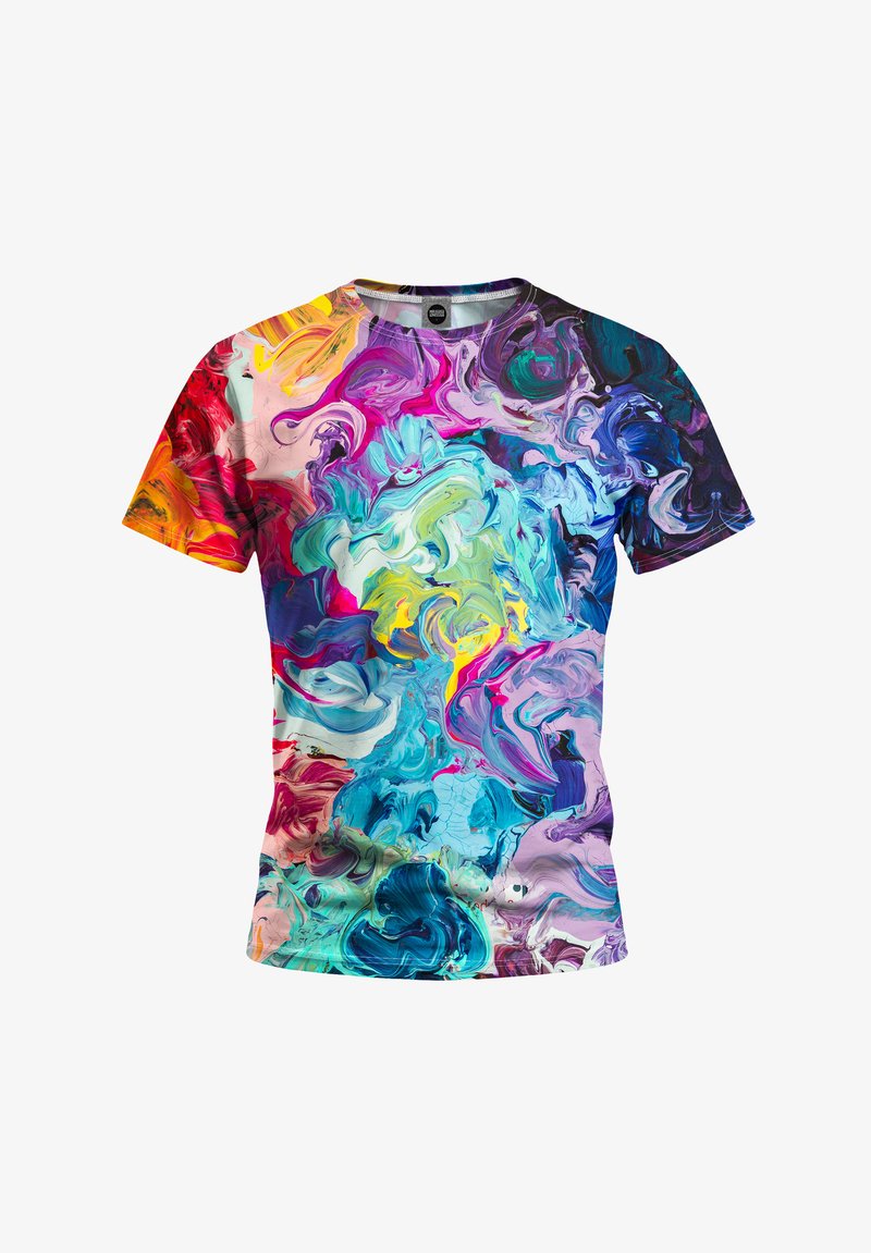 Trumpas rankovėmis marškinėliai su daugiabuviu, abstrakčiu spiraliniu raštu, kuriame ryškios rožinės, mėlynos, geltonos ir žalios spalvos. Lygus, lengvas audinys.