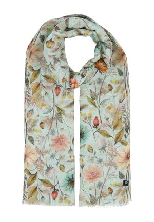 Light blue scarf with multicolored floral and leaf patterns, soft fabric, and small black brand tag on one end.