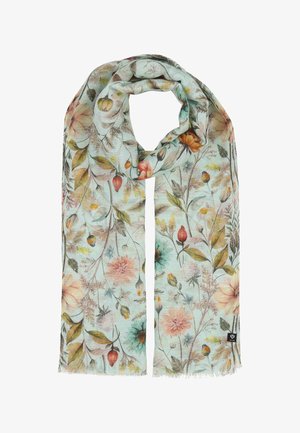 Light blue scarf with multicolored floral and leaf patterns, soft fabric, and small black brand tag on one end.