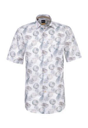 Camicia bianca a maniche corte con bottoni e colletto, caratterizzata da un motivo di forme astratte circolari grigie e azzurro chiaro.