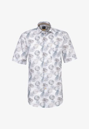 Chemise blanche à manches courtes avec col et boutons, présentant un motif de formes circulaires abstraites grises et bleu clair.