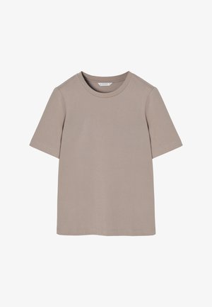 Korte mouwen T-shirt van zacht beige katoen. Klassieke ronde hals en rechte snit. Geen patronen of akkoorden, gladde textuur met een minimalistisch ontwerp.