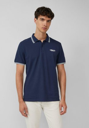 Marineblauwe polo shirt van katoen, met een klassieke kraag, witte gestreepte accenten op de mouwen en een klein logo op de borst.