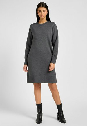Graues Sweatshirt-Kleid mit langen Ärmeln, Rundhalsauschnitt, gerippten Bündchen und Saum. Glatter Stoff, knielang, mit dezentem Logodetail.
