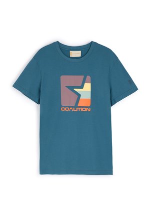 Turkusowa bawełniana koszulka z dużym graficznym logo w odcieniach fioletu, żółtego i pomarańczowego, z napisem "KOALICJA" poniżej.