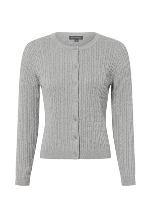Hellgraue, langärmlige, zopfgestrickte Strickjacke mit rundem Ausschnitt und Knopfleiste vorne.