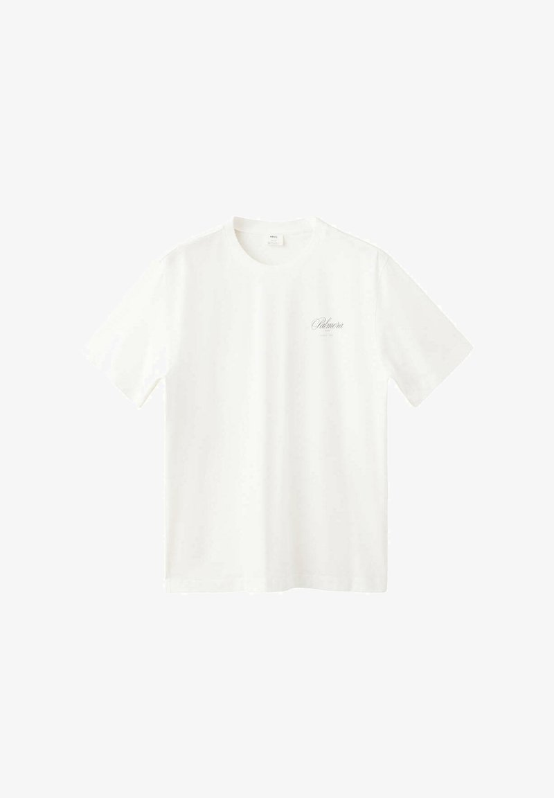 T-shirt blanc à manches courtes avec col rond et petit texte en cursive "Palmeira" sur la partie gauche de la poitrine.