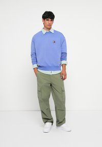 Sudadera azul claro con un logo en el pecho, llevada sobre una camiseta de rayas verdes, combinada con pantalones cargo oliva y zapatillas blancas.