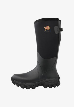 Black waterproof boots with a textured rubber sole, high shaft, smooth neoprene upper, and a strap on the side featuring a logo.