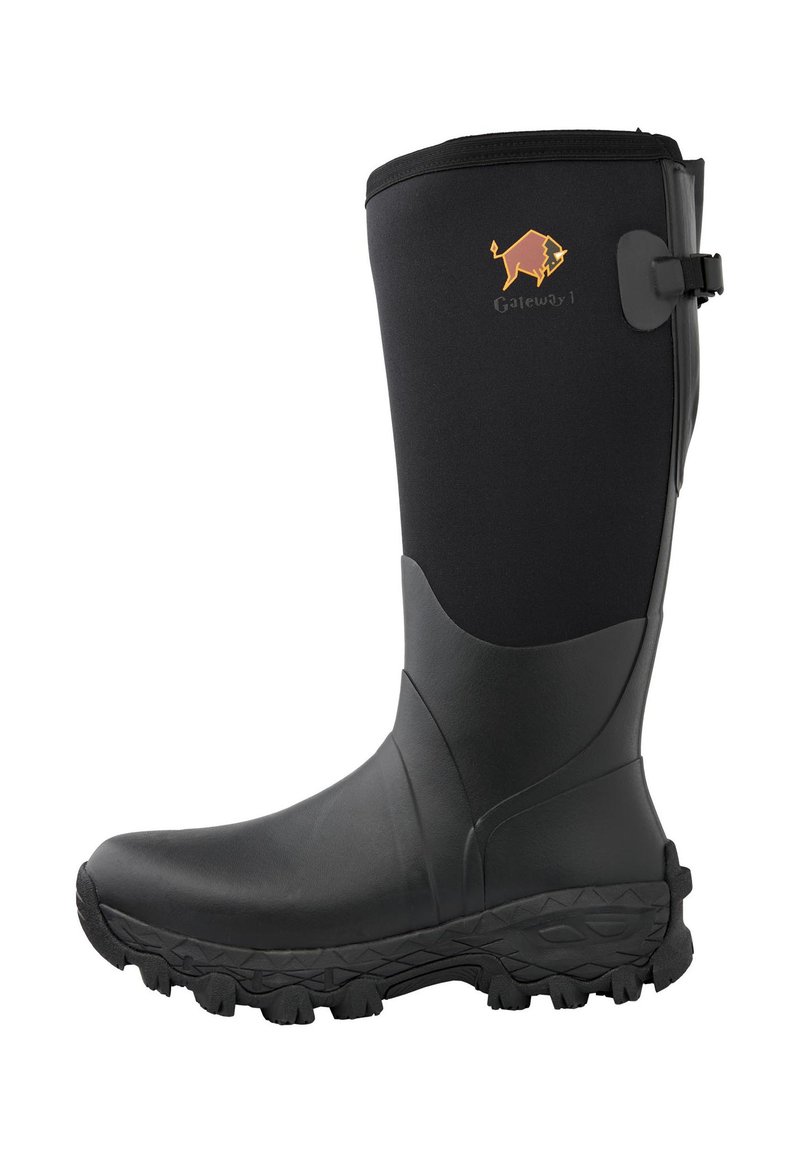 Black waterproof boots with a textured rubber sole, high shaft, smooth neoprene upper, and a strap on the side featuring a logo.