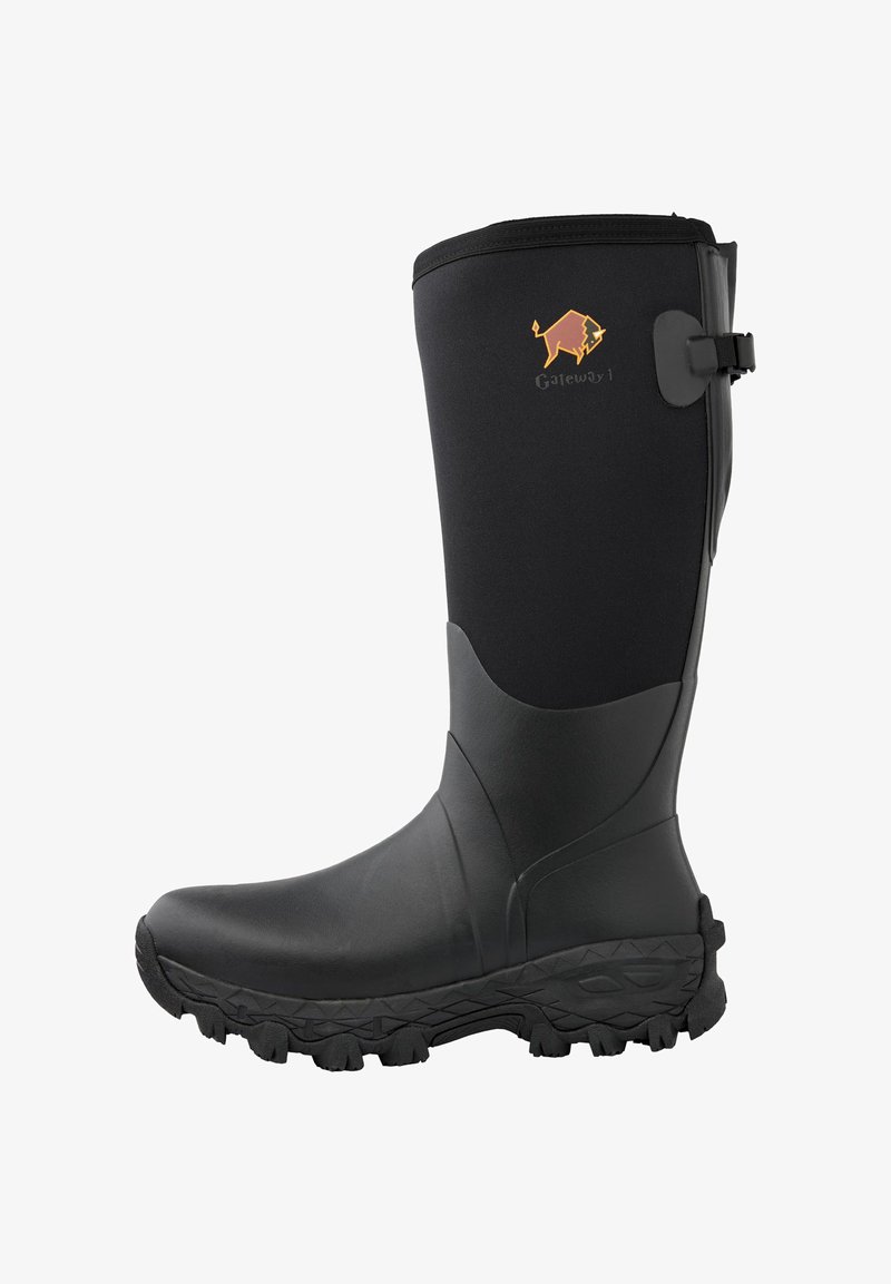 Black waterproof boots with a textured rubber sole, high shaft, smooth neoprene upper, and a strap on the side featuring a logo.