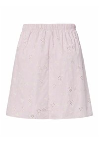 Jupe trapèze rose clair avec ceinture élastique et motif floral à œillets sur tout le tissu.