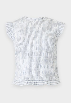 Witte en lichtblauwe verticale gestreepte blouse met korte mouwen en geplooide mouwen en zoom, gestructureerde stof en een ronde hals met knoopsluiting.