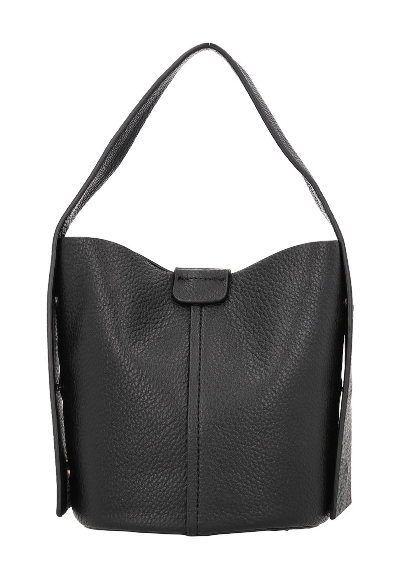 Borsa a mano in pelle nera con superficie testurizzata, parte superiore ampia e arrotondata e una singola tracolla. Chiusura a scatto sul davanti. Nessuna ferramenta visibile.