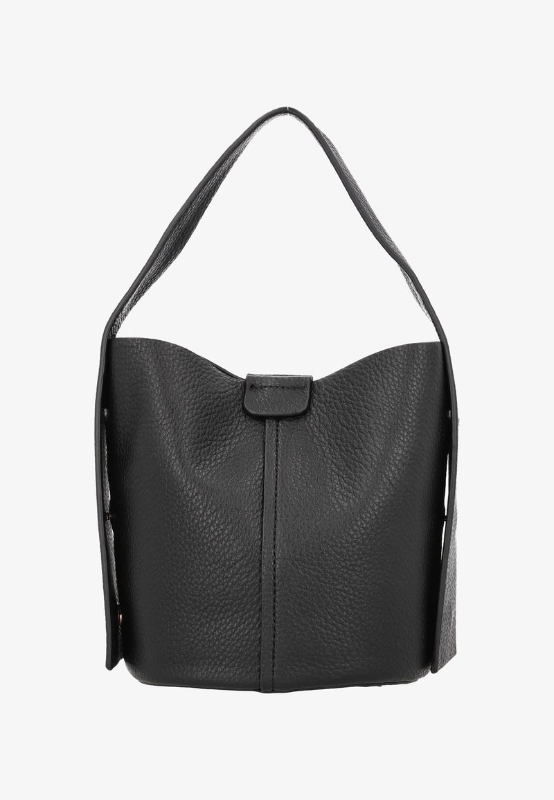 Borsa a mano in pelle nera con superficie testurizzata, parte superiore ampia e arrotondata e una singola tracolla. Chiusura a scatto sul davanti. Nessuna ferramenta visibile.