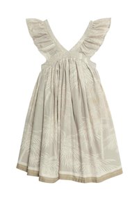 Sukienka bez rękawów z dekoltem w serek, wykonana z jasnobeżowej tkaniny w białe liście palmy; posiada falbaniaste rękawy i marszczony pas, wykończona obszyciem na dole.