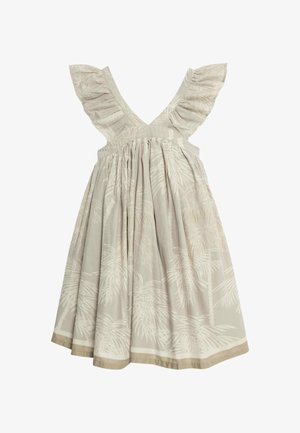Mouwloze jurk met V-hals in lichtbeige stof met wit palmblaadjespatroon; voorzien van geruchede mouwen en een geplooide taille, afgewerkt met een zoomrand.