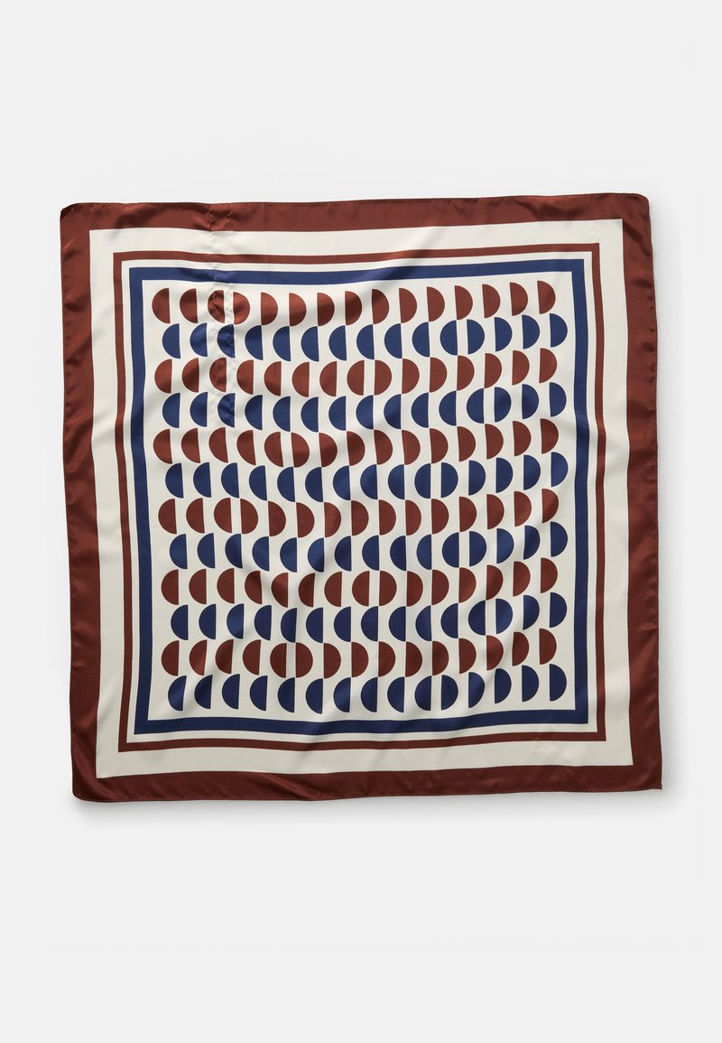 Eșarfă din mătase cu un model geometric de semisfere roșii și bleumarin alternative pe un fundal crem, marginită de un cadru bordaux.