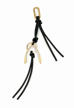 Fekete bőrszálas kulcstartó aranyszínű fém karabinerrel és kívánságcsont alakú gyűrűvel, amelybe az "ALLSAINTS" felirat van gravírozva