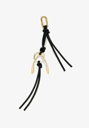 Nøglering i sort lædersnor med karabin i guldfarvet metal og wishbone-formet ring med indgraveringen "ALLSAINTS"