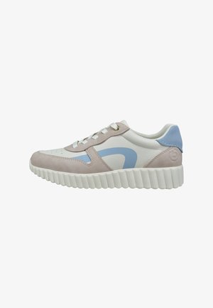 Sneaker aus weißem Leder mit hellrosa Wildlederakzenten und hellblauen Details. Dicke weiße strukturierte Sohle. Klassisches Schnürdesign.