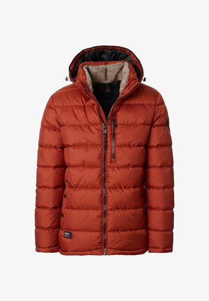 Steppjacke in verbranntem Orange mit weich gefütterter Kapuze aus Fleece, Reißverschlusstaschen und gesteppter Optik. Verfügt über ein Logo-Patch am Ärmel.