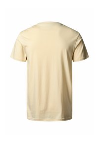 Tricou cu mânecă scurtă și guler rotund din bumbac bej deschis, cu o textură netedă, fără modele sau accente, prezentat din spate.
