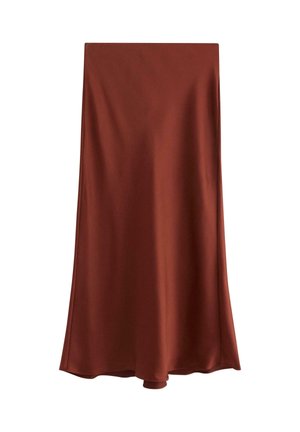 Brun satin midi kjol med en slät textur, utsvängd nederkant och en minimalistisk design. Ingen synlig hårdvara eller dekorationer.