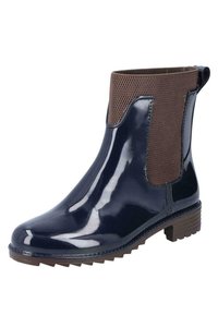 Granatowe kalosze Chelsea o błyszczącym plastikowym wykończeniu z brązowymi bocznymi panelami z siateczki. Posiadają teksturowaną podeszwę oraz pętelkę do ściągania przy pięcie.