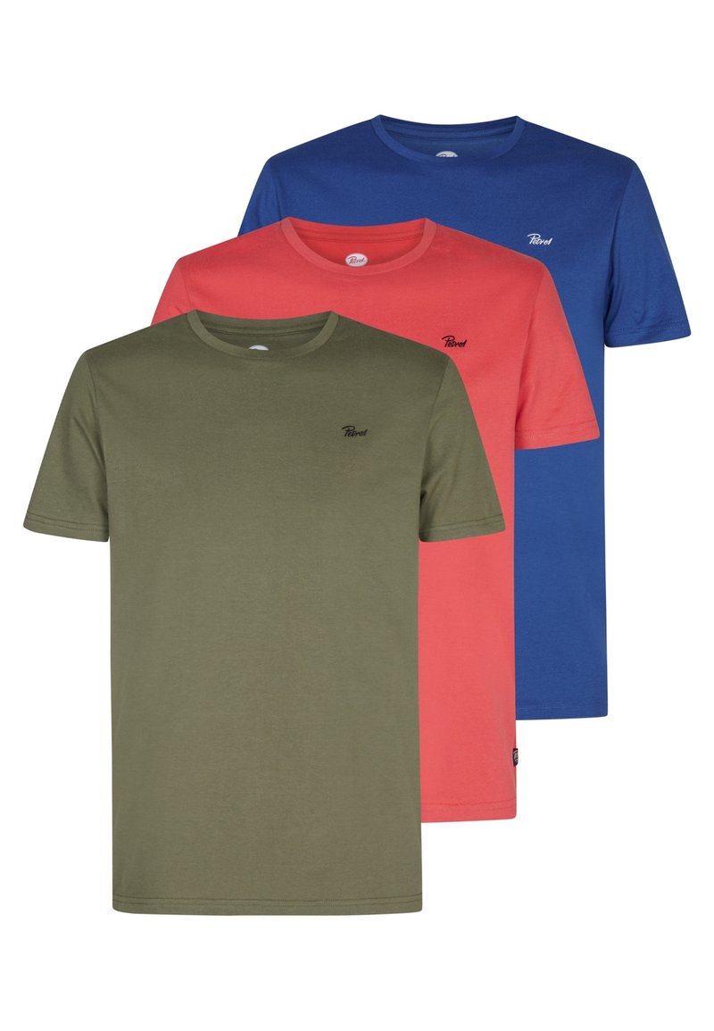 Tre T-shirt a maniche corte in verde oliva, corallo e blu. Ognuna presenta un collo rotondo e un piccolo logo sul petto. Materiale in cotone.