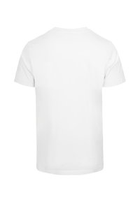 Hvid bomulds-T-shirt med korte ærmer, rund hals og en ensfarvet ryg. Stoffet virker glat uden synlige mønstre eller grafik.