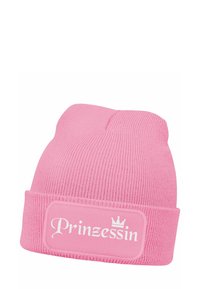 Pink knitted beanie with ribbed texture, featuring a folded cuff and a rectangular patch displaying the word "Prinzessin" in white script.