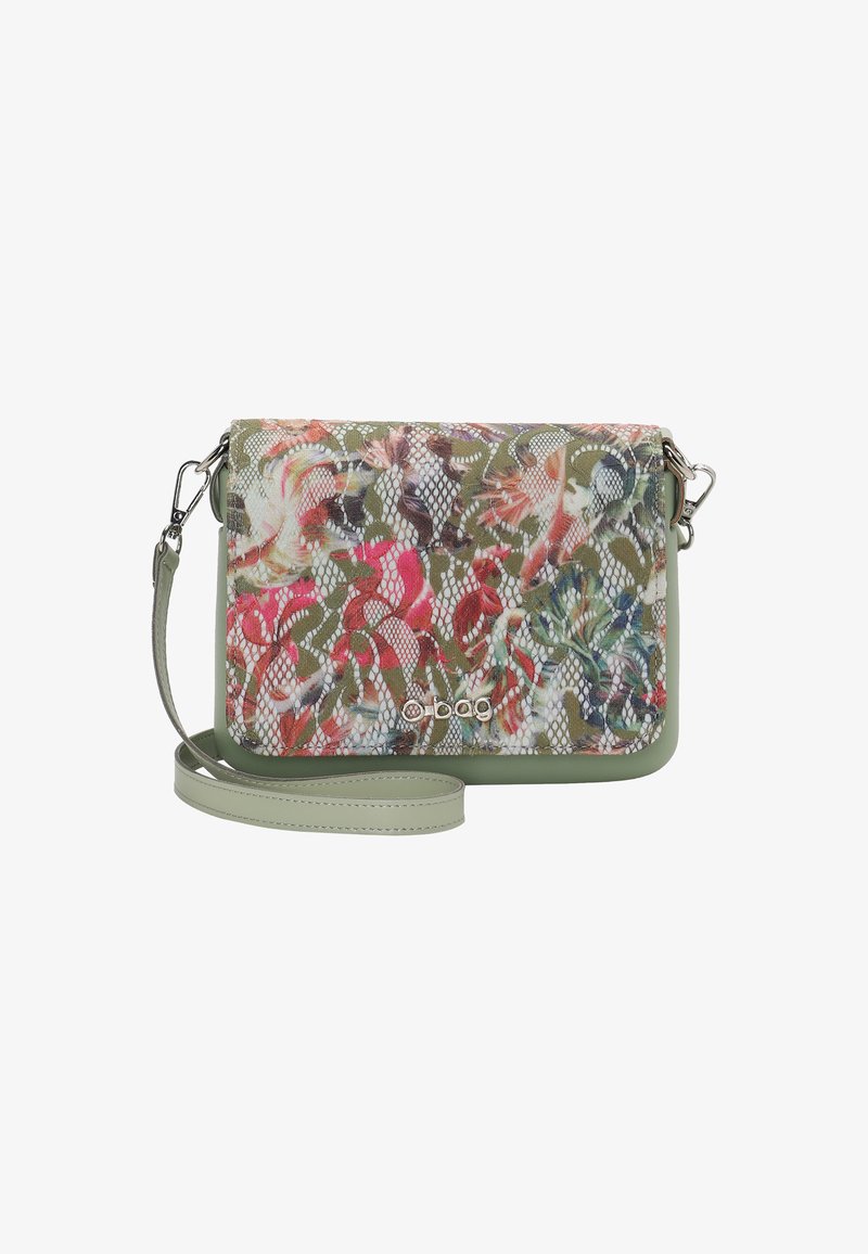 Borsa a tracolla con motivo floreale, fronte in rete trasparente e retro in pelle sintetica verde; dotata di una tracolla rimovibile e chiusura.