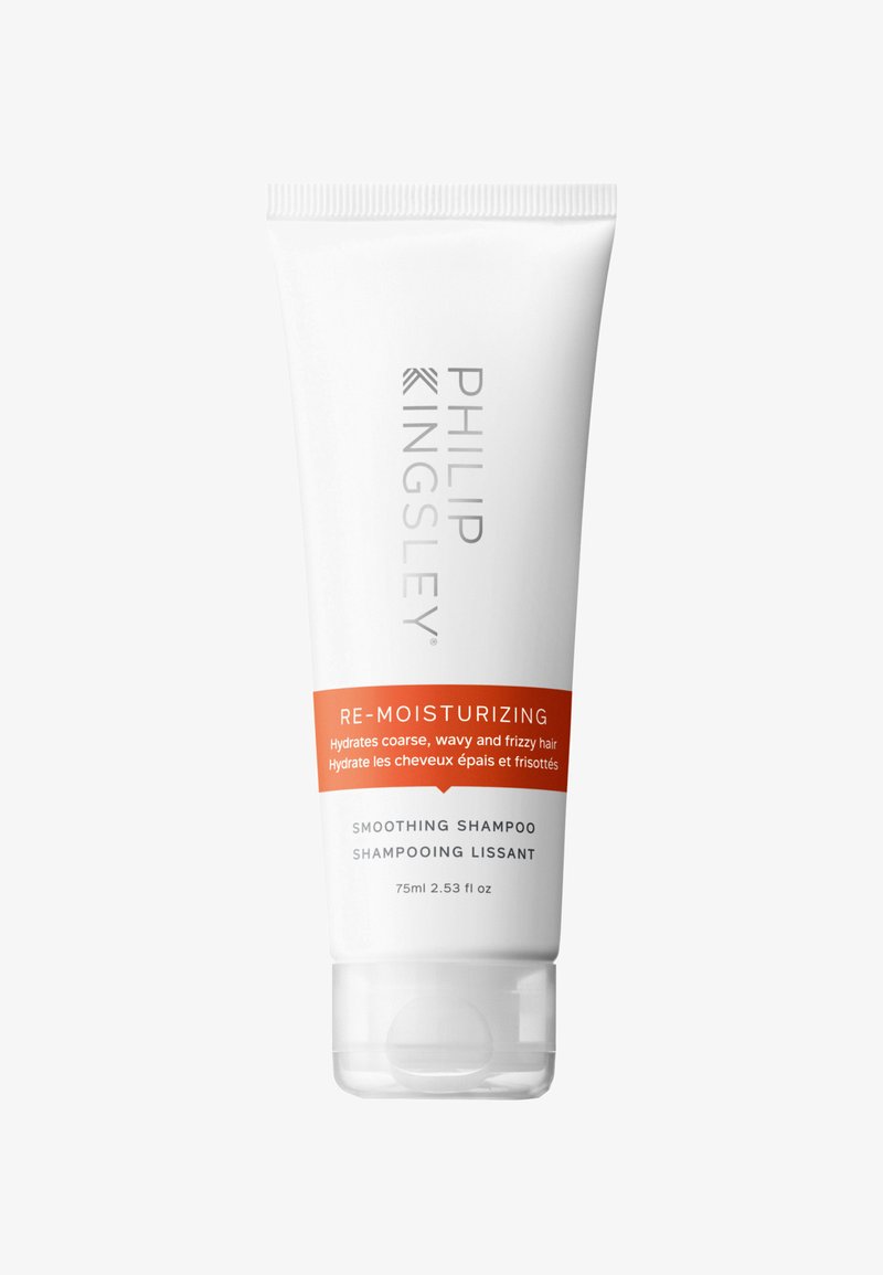 Weißer Tube mit orangen Akzenten, mit dem Text "Re-Moisturizing Smoothing Shampoo". Enthält 75 ml, geeignet für grobes, welliges und frizziges Haar.