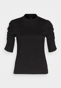 Black short-sleeve top with gathered details on shoulders, round neckline, and a smooth texture for a fitted look.