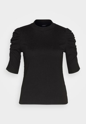 Black short-sleeve top with gathered details on shoulders, round neckline, and a smooth texture for a fitted look.