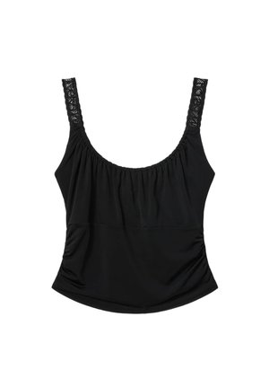 Sort ærmeløs top med rynket halsudskæring og stropper med blondeprint, der har en let rynket talje og en blød stoftekstur.