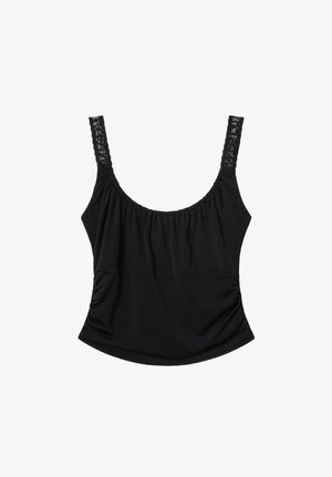Sort ærmeløs top med rynket halsudskæring og stropper med blondeprint, der har en let rynket talje og en blød stoftekstur.