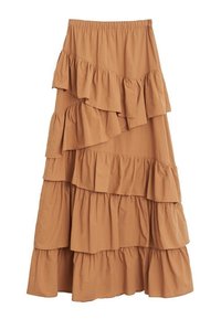 Jupe maxi à étages dans une teinte marron chaud. Fabriquée en tissu doux, elle présente plusieurs couches volantes pour plus de texture et de volume. Taille élastique.